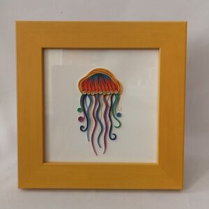 Unique and Vibrant Handmade Paper Art Jelly Fish in Standing Yellow Wood Frame